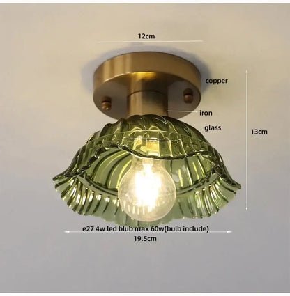 Modern green glass leaf flush mounted ceiling light with brass copper iron plate and olive-green textured shade