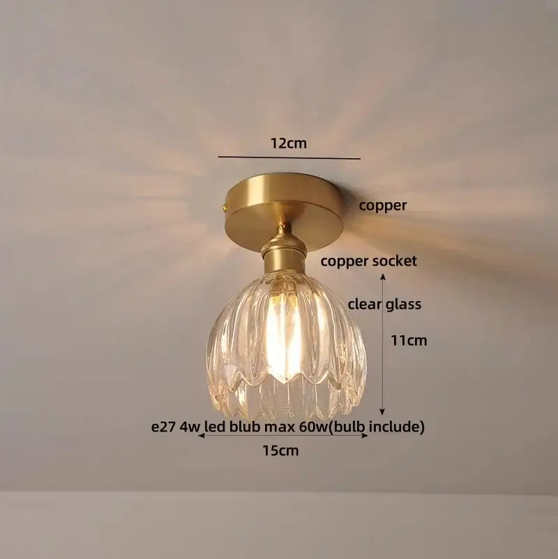 Modern green glass leaf flush mounted ceiling light with a vintage brass copper base and clear ridged glass flush mounted ceiling fixture