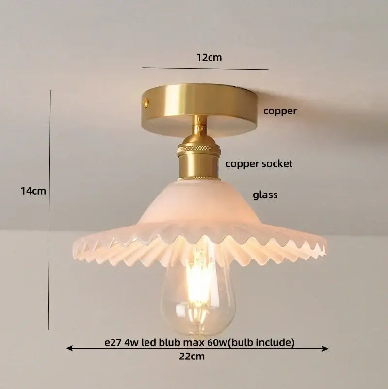 Modern green glass leaf flush mounted ceiling light with brass copper base and frosted scalloped glass shade