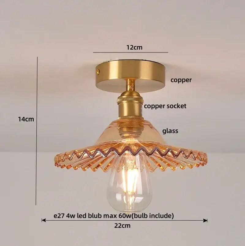 Modern green glass leaf flush mounted ceiling light with amber scalloped glass shade and brass copper finish base