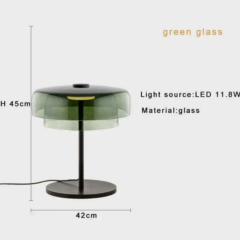 Modern green glass table lamp with layered shade and black metal base for bedroom with led bulb