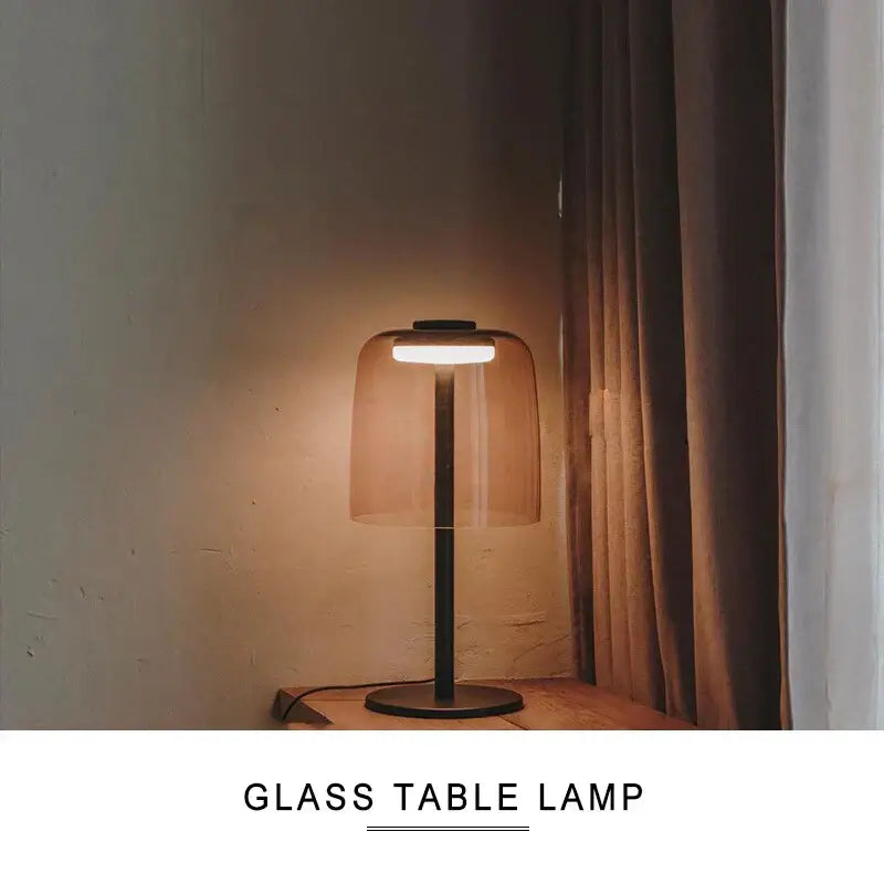 Modern green glass table lamp with amber dome shade and matte black base ideal for bedroom lighting with led bulb