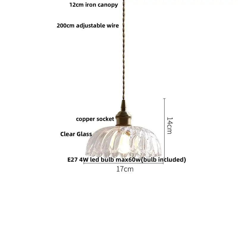 Delicate 12cm iron canopy pendant light with clear glass shade and copper socket for modern green glass walnut wood dining room