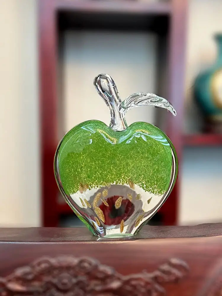 Vibrant green crystal glass apple paperweight with gold leaf design and clear stem for modern decorbites crystal glass decor