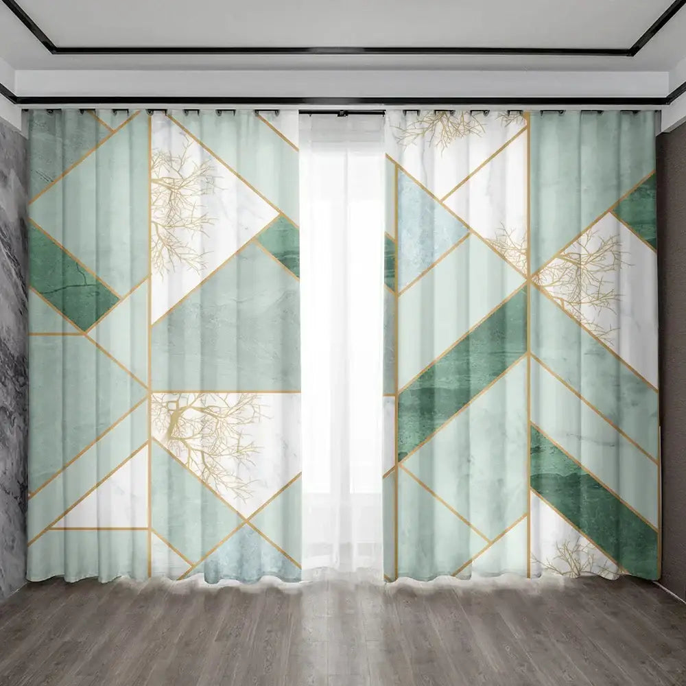 Modern green and gold marble rod pocket sheer curtains with geometric mint green and white patterns for living room decorbites green marble