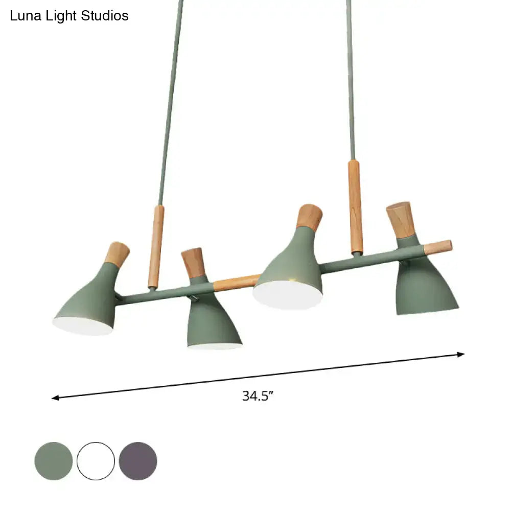 Modern green nordic metal and wood pendant light with four conical shades compatible with e26 e27 bulb base