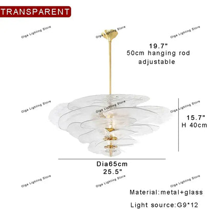 Modern green leaf glass chandelier with transparent glass petals and gold-toned metal for dining room lighting