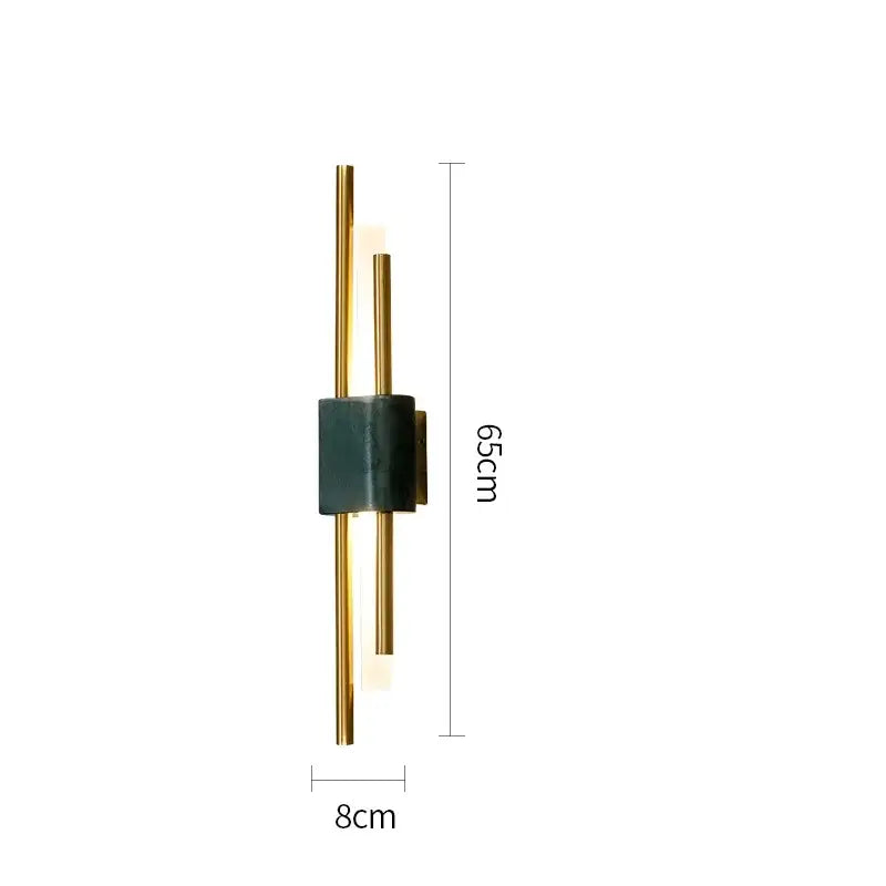 Modern green marble and gold light luxury wall lamp with two slender gold rods on a dark green base decorbites light luxury