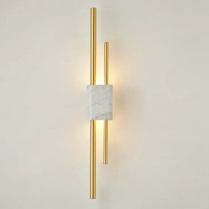 Modern gold-toned wall lamp with white marble accent and vertical rods for decorbites light luxury living room decor