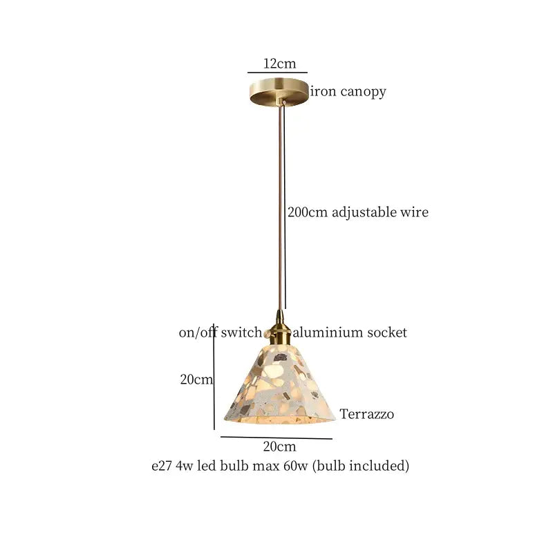 A brass-finished pendant light with terrazzo glass shade and adjustable wire for decorbites green marble kitchen lighting