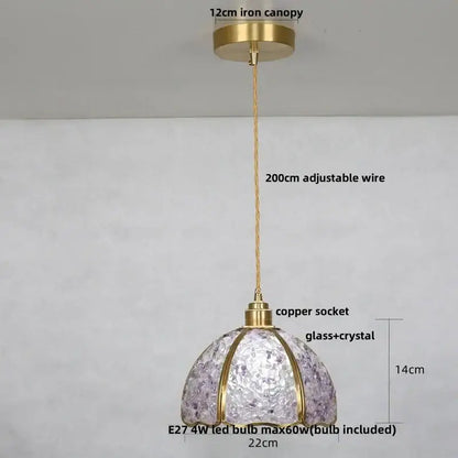 Modern green mosaic crystal glass led pendant lamp with a lavender crystal glass shade and gold-toned decorbites crystal glass frame