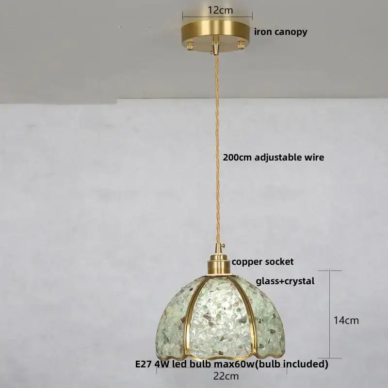Modern green mosaic glass pendant light with delicate translucent crystal glass brass canopy and copper socket pendant lamp decorbites crystal glass