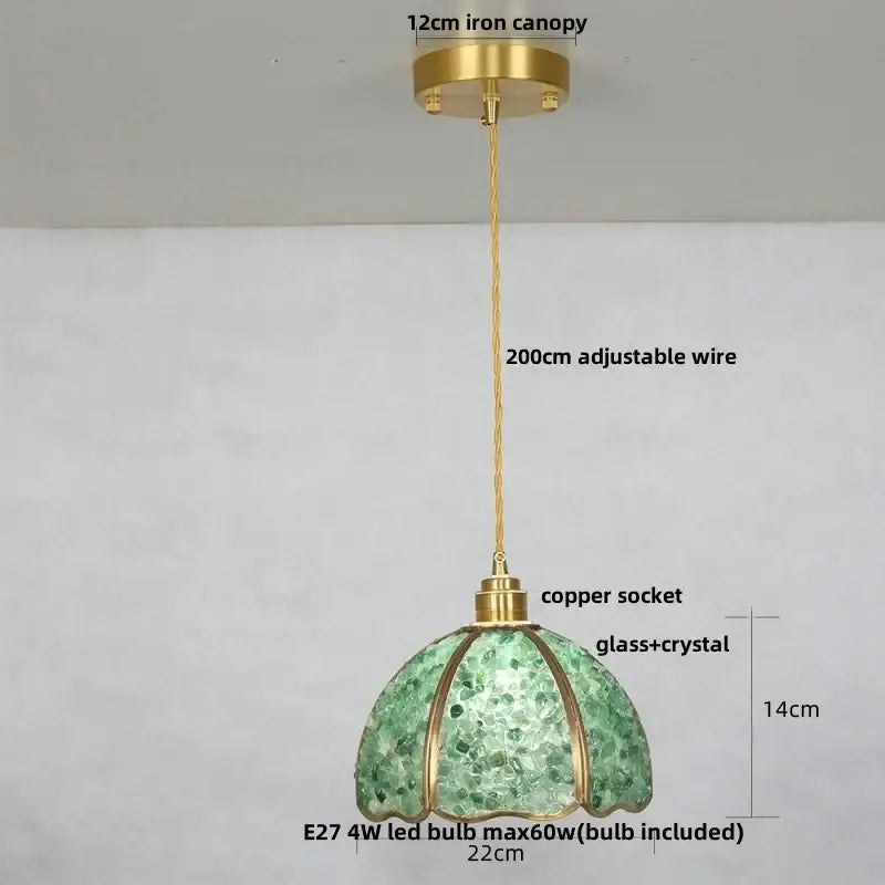 Modern green mosaic glass pendant light with brass iron canopy copper socket and decorbites crystal glass pendant lamp