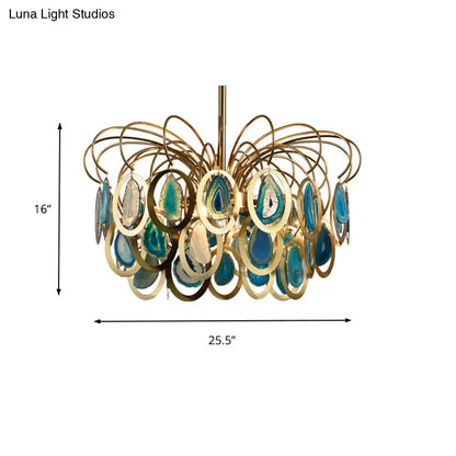 Lámpara de araña moderna con plumas de pavo real verdes - Colgante de techo de hierro de 5 cabezas con detalles de ágata