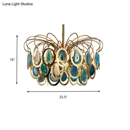 Lámpara de araña moderna con plumas de pavo real verdes - Colgante de techo de hierro de 5 cabezas con detalles de ágata