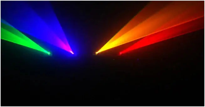 Vibrant rainbow laser beams from a modern green purple and pink lens rgby laser christmas projector in a dark bedroom