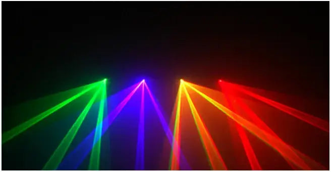 Modern green purple and pink lens rgby laser christmas projector displaying vibrant rainbow laser beams in a dark bedroom