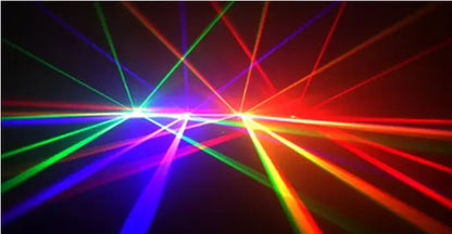 Modern green purple and pink lens rgby laser christmas projector displaying vibrant multicolored laser beams in bedroom