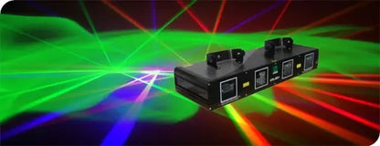 Black rectangular christmas projector with lens rgby laser emitting vibrant green red and blue beams for bedroom use