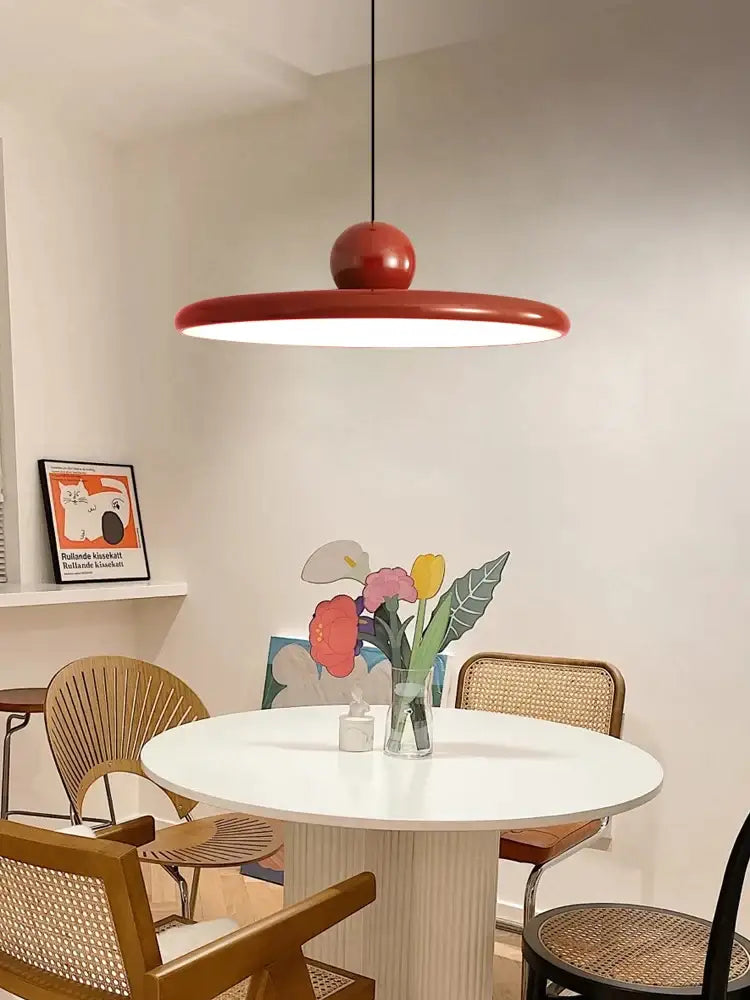 Red circular glossy pendant light with spherical top from modern green and red colorful metal led pendant lights decorbites