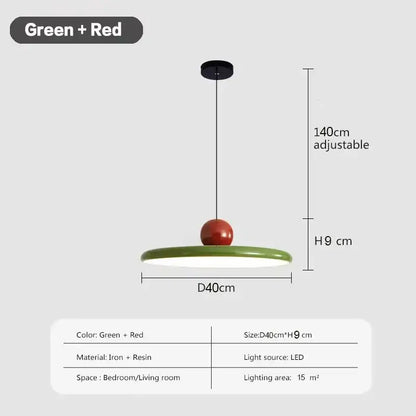 Modern green and red pendant light with circular iron-resin shade and spherical accent adjustable to 140cm with led bulbs