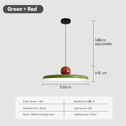 Modern pendant light with a green iron base and red resin top featuring led bulbs and a graceful silhouette for dining room