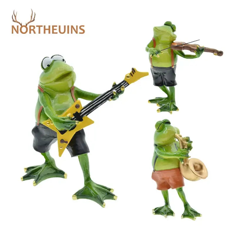 Modern green resin frog band figurine with frogs in shorts playing musical instruments for living room decorbites frog band decor