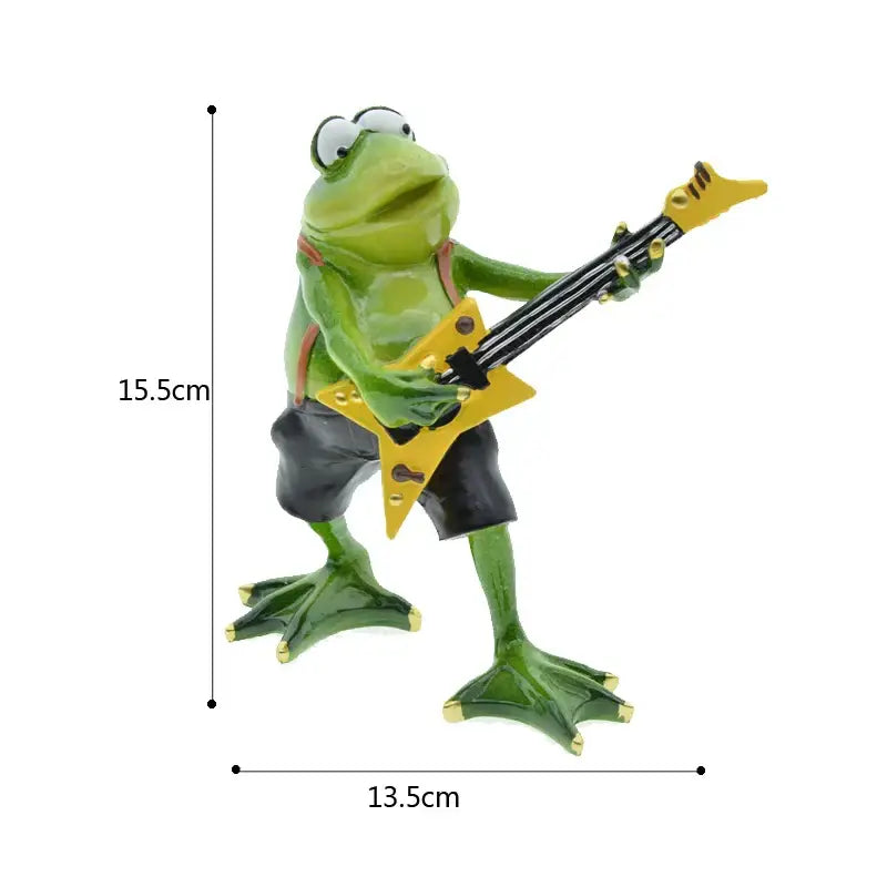 Modern green resin frog band figurine featuring a green frog in black shorts playing a yellow star bass guitar decorbites frog band