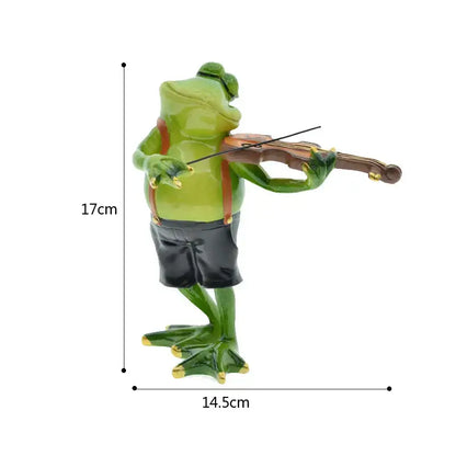 Modern green resin frog band figurine playing a brown violin with gold accents for living room music decor