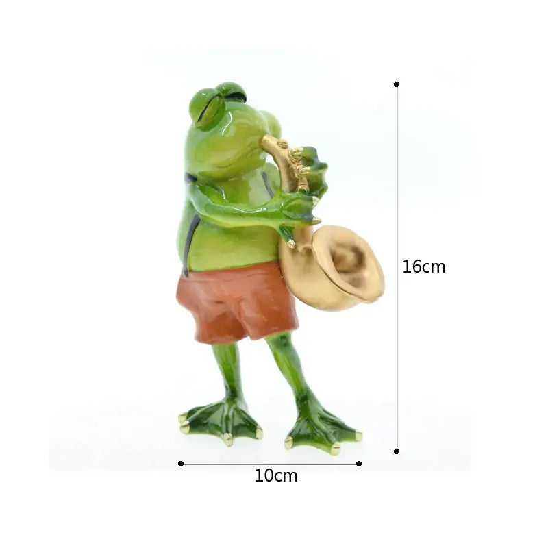 Modern green resin frog band figurine playing gold saxophone wearing orange shorts for living room decorbites frog band decor