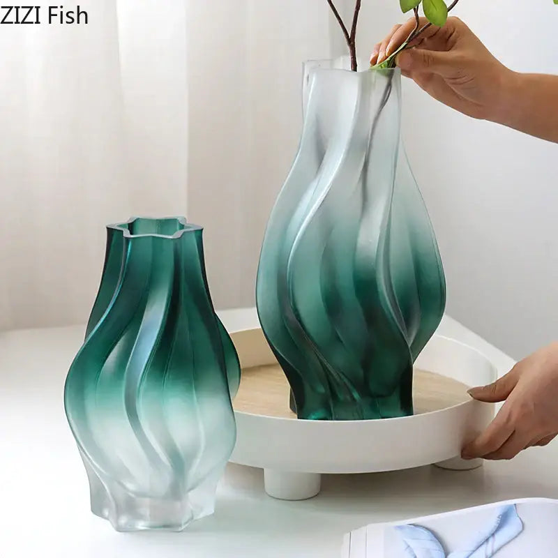 Modern green ripple glass vase set with gradient green and clear twisted design for living room decorbites green ripple