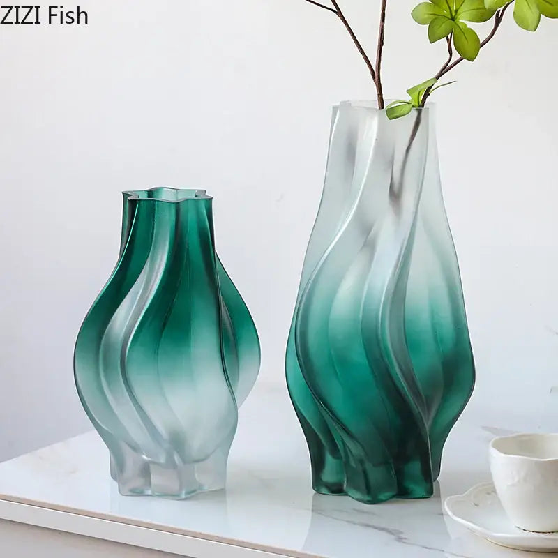 Two elegant translucent green ripple glass vases with sculpted curves for modern living room decorbites green ripple style