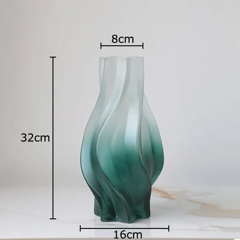 A tall 32cm high green ripple glass vase with swirling gradient and sculpted form for living room decorbites decor