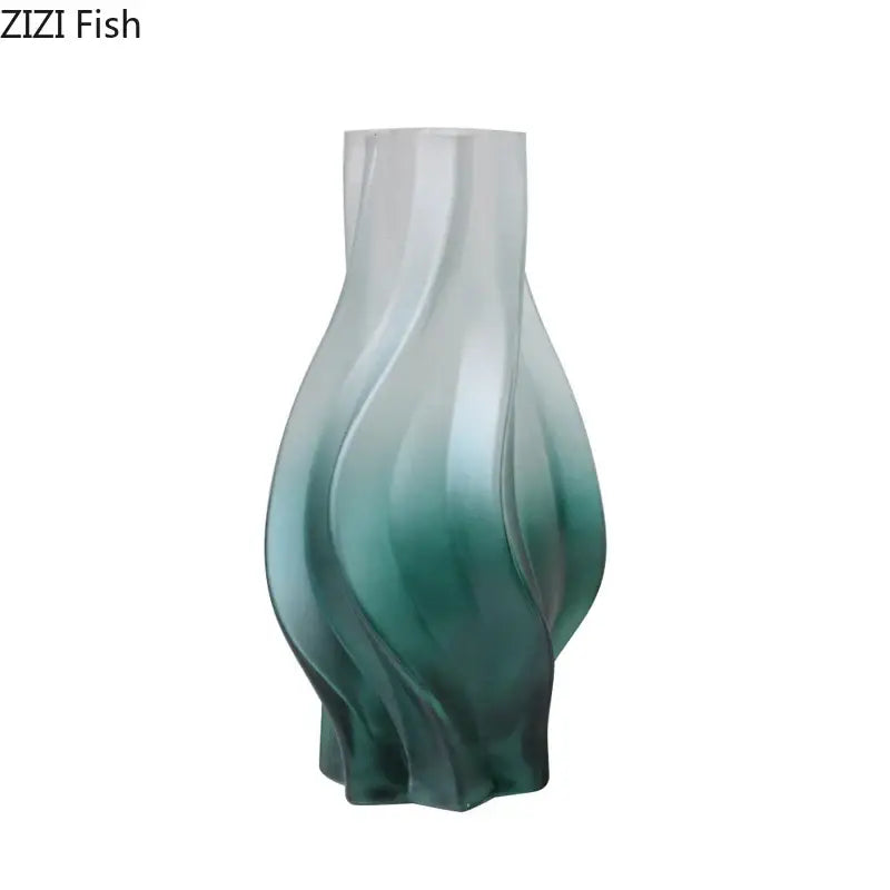 A sleek translucent green ripple glass vase with a swirling gradient from light to deep teal for living room decorbites decor