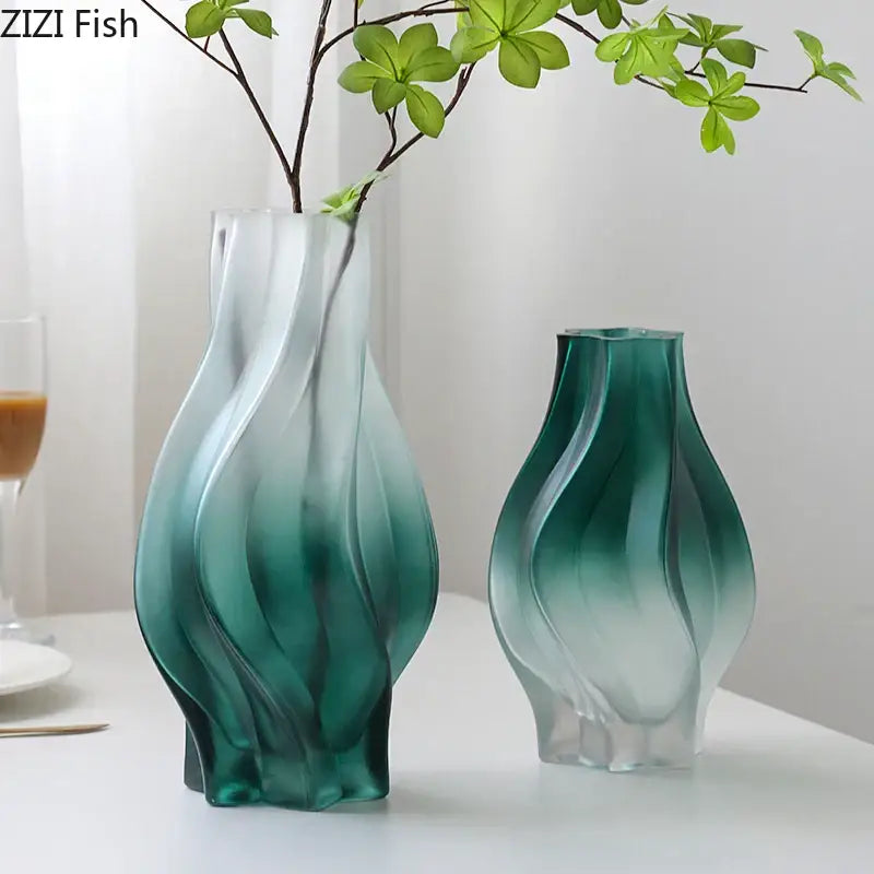 Two elegant translucent green ripple glass vases with swirling gradient patterns for decorbites living room decor