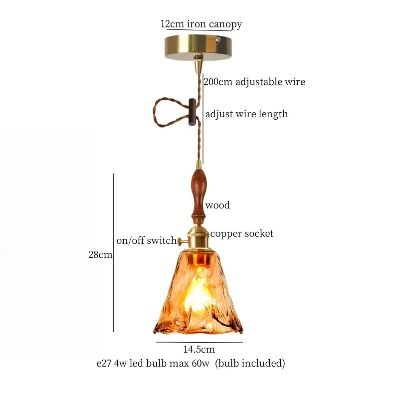 A warm amber glass pendant light with wooden handle and brass accents for modern decorbites green wave glass decor