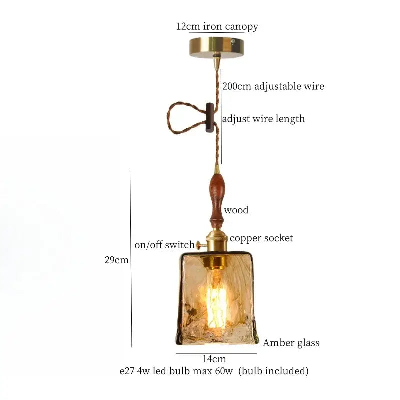 Modern green wave glass pendant light with amber glass, brass iron canopy, wooden handle, and copper socket decorbites green wave
