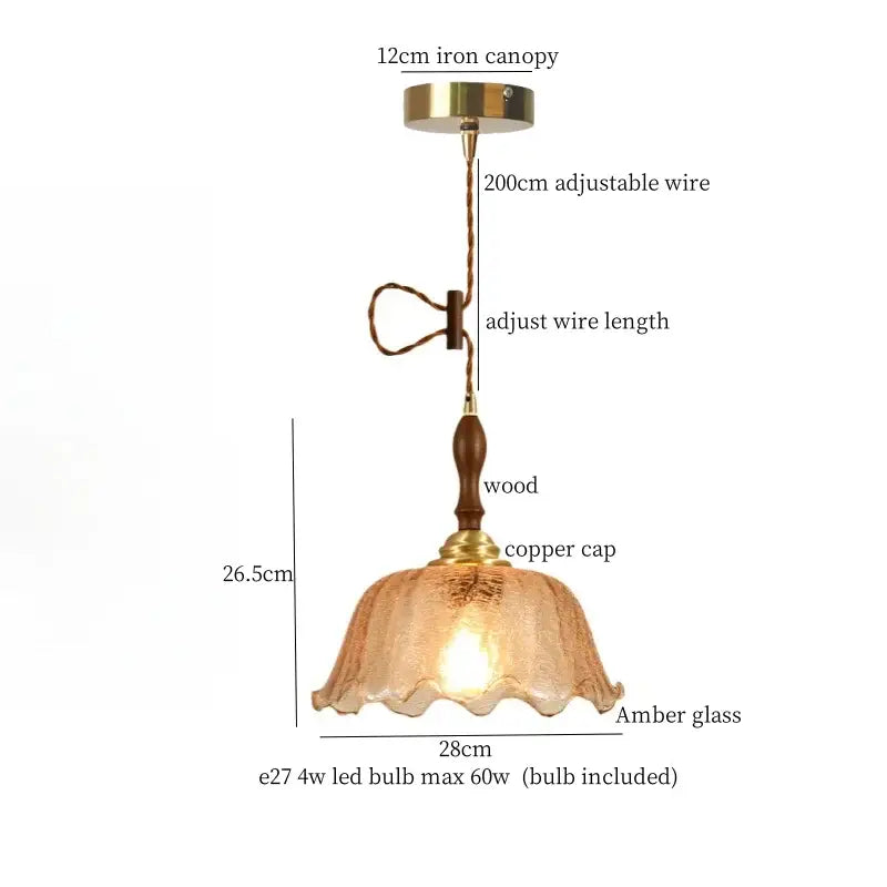 Modern green wave glass pendant light featuring amber glass with wooden stem and brass accents for living room decorbites green wave pendant light
