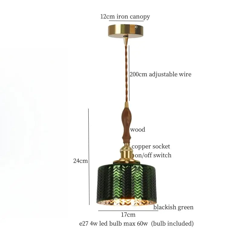 Modern green wave glass pendant light with blackish green herringbone glass, iron canopy, wooden accent, and copper socket