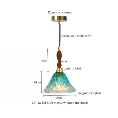 Modern green wave glass pendant light with blue gradient shade wooden handle and brass accents for living room decorbites green wave