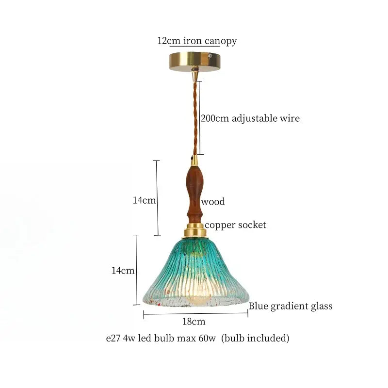 Modern green wave glass pendant light with blue gradient shade wooden handle and brass accents for living room decorbites green wave
