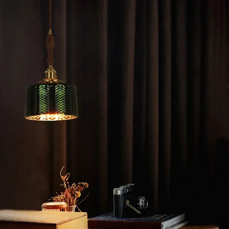 Modern green wave glass pendant light with brass finish and wooden fixture ideal for living room decorbites green wave pendant light