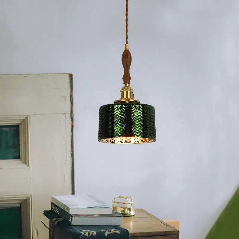 Modern green wave glass pendant light with brass frame and wooden handle for living room decorbites green wave decor