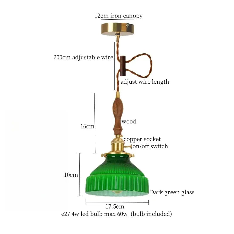 Modern green wave glass pendant light with dark green ribbed glass, wooden handle, and brass accents for pendant light decorbites green wave