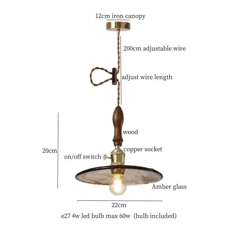 Vintage-style pendant light with brass iron canopy wooden handle copper socket amber shade for decorbites green wave
