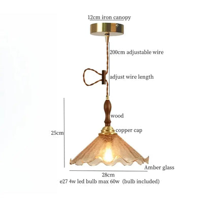 Modern green wave glass pendant light with amber shade, wooden stem, copper cap, iron canopy by decorbites green wave