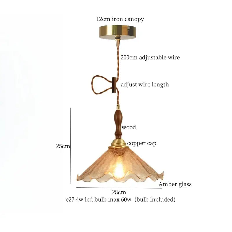 Modern green wave glass pendant light with amber shade, wooden stem, copper cap, iron canopy by decorbites green wave