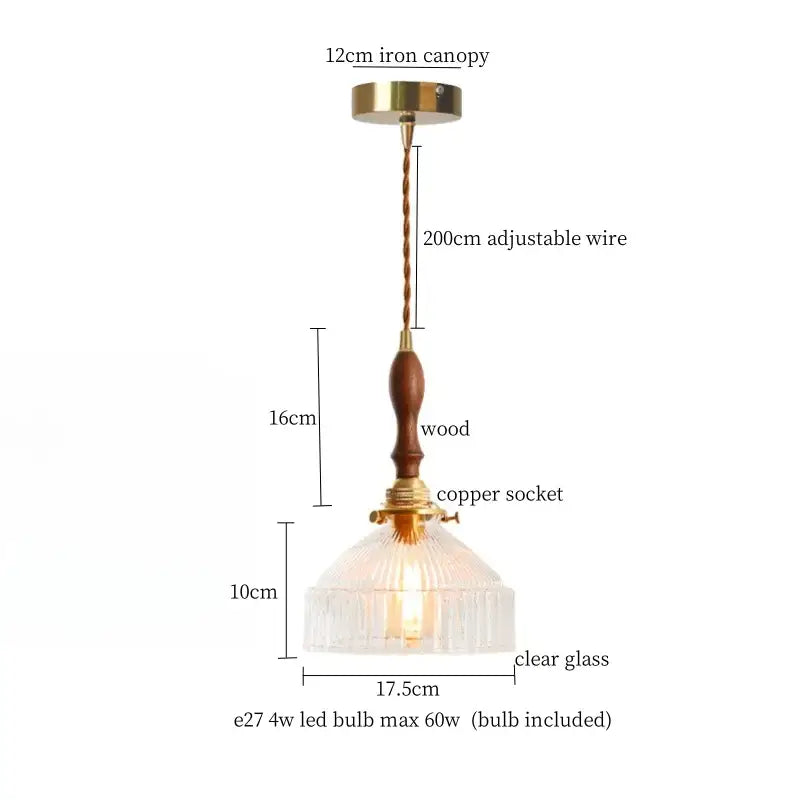Modern green wave glass pendant light with brass canopy wooden handle copper socket and clear ribbed glass shade decorbites green wave