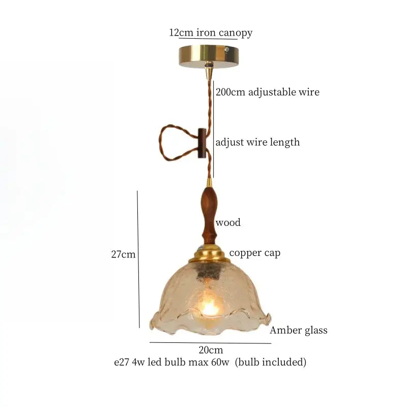 Modern green wave glass pendant light with warm amber glass, wooden stem, brass accents, and adjustable suspension by decorbites green wave