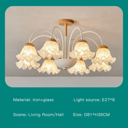 Modern green white chandelier with delicate white glass and wooden accents featuring five ruffled lampshades ceiling light